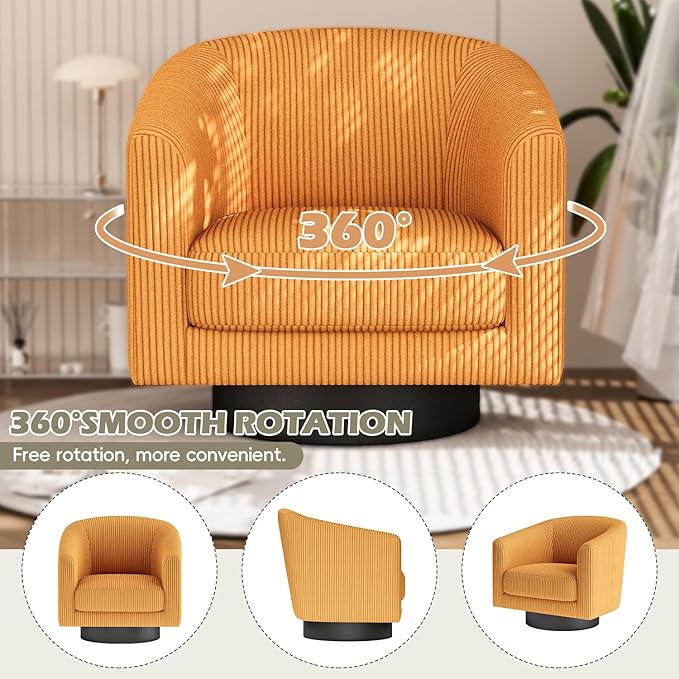 360° Swivel Accent Chairs Set of 2 Modern Bucket Chair Corduroy Barrel Armchair Comfy Boucle Chair Single Sofa for Living Room Bedroom. Orange