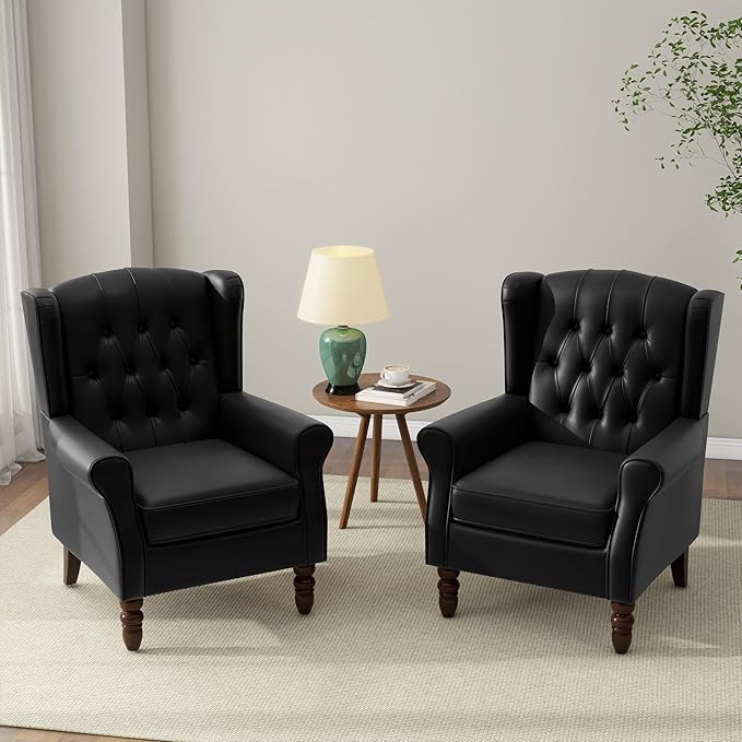 Accent Chair Upholstered Armchair with Button Tufted High Back &amp Solid Wood Legs Comfy Wingback Reading Single Sofa Chair for Small Spaces Living Room Bedroom - Leather Black Set of 1