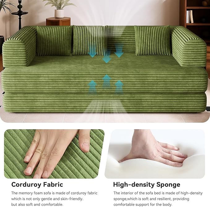 WENTMENT 80‘’Convertible Floor Sofa Bed for Living Room Boneless Couch with Deep Seat Corduroy Pull Out Sofa Bed with 3 Pillows Bedroom Apartment No AssemblyGreen (Green)