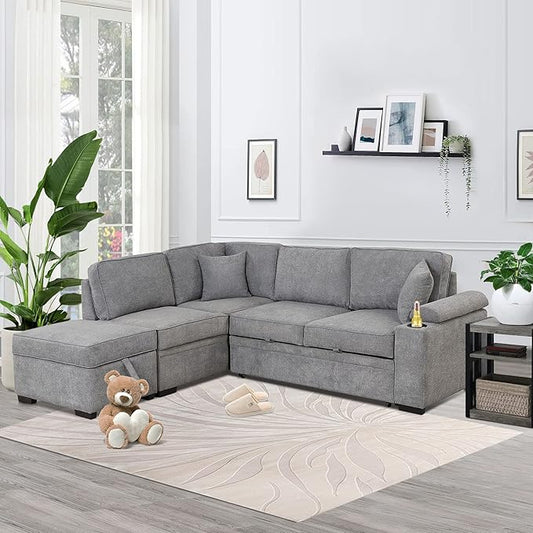 Flieks 87.4 Sleeper Sofa Bed2 in 1 Pull Out Sofa Bed L Shape Couch with Storage Ottoman for Living RoomBedroom Couch and Small ApartmentGray