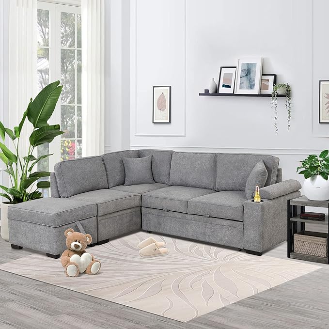 Linen L-shape Reversible Sleeper Sectional Sofa Couch with Storage Ottoman 2 in 1 Pull Out Convertible Sofa Bed with Cup Holders and USB Charging Port for Living Room Apartment Office (Grey-LI)
