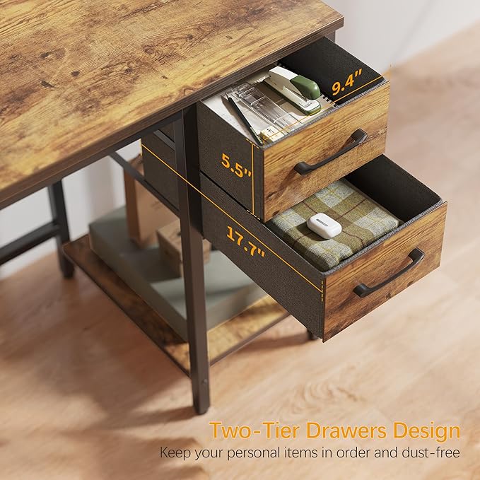CubiCubi Computer Desk with 2 Drawers 47 Inch Small Home Office Desk with Storage Study Writing Table Rustic Brown