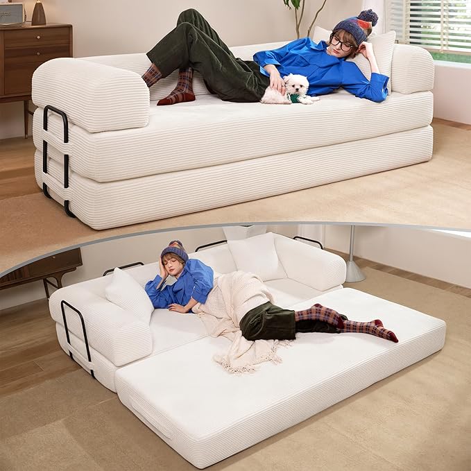 79 Convertible Sofa Bed Boneless Corduroy Sleeper Foldable Modular Couch Memory Foam Compressed Sofa in A Box Folding Mattress Floor Couch for Small Space Living Room Apartment Bedroom White
