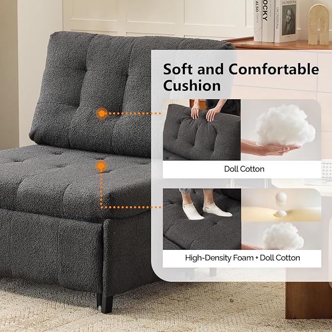 VINGLI Convertible Single Sofa Bed Tufted Teddy Fleece Sleeper Chair Bed Armless Living Room Chair Chaise Lounge with Adjustable Backrest Pull Out Couch Bed for Small Spaces (Dark Grey) | Armless Sofa