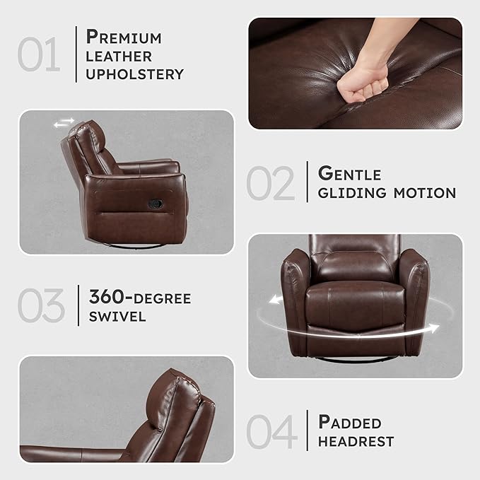 Lexicon Swivel Glider Reclining Chair Top Grain Leather Match Manual Recliner Comfy Nursery Glider Recliner Swivel Reclining Chair for Living Room/Office/Bedroom/Apartment Brown