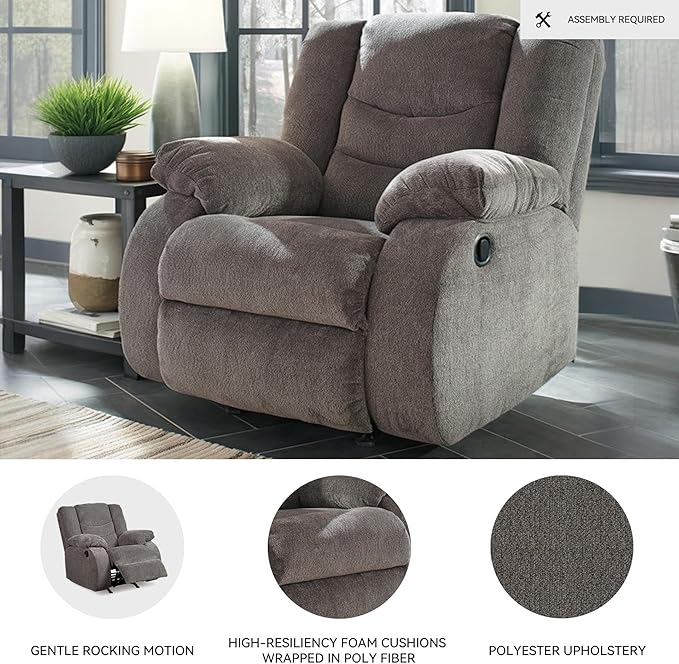 Signature Design by Ashley Tulen Contemporary Rocker Recliner Gentle Rocking Motion Pull Tab Reclining Fabric Upholstery 39 W x 40 D x 40 H Dark Gray