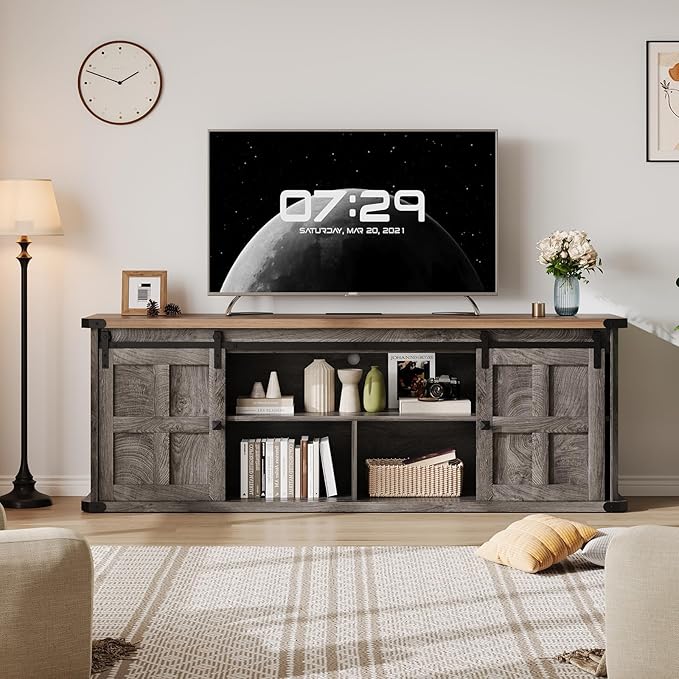 GAOMON 70 Farmhouse TV Stand for 80/75/70 Inch TVsEntertainment Center Storage Cabinets w/Power Outlets and Sliding Barn DoorRustic TV Stands for Living RoomMedia Console Cabinet (Black+Gray)