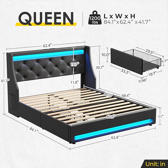 Rolanstar Queen Bed Frame with LED Lights and Charging Station PU Leather Bed with Drawers Wooden Slats Noise Free Easy Assembly Black