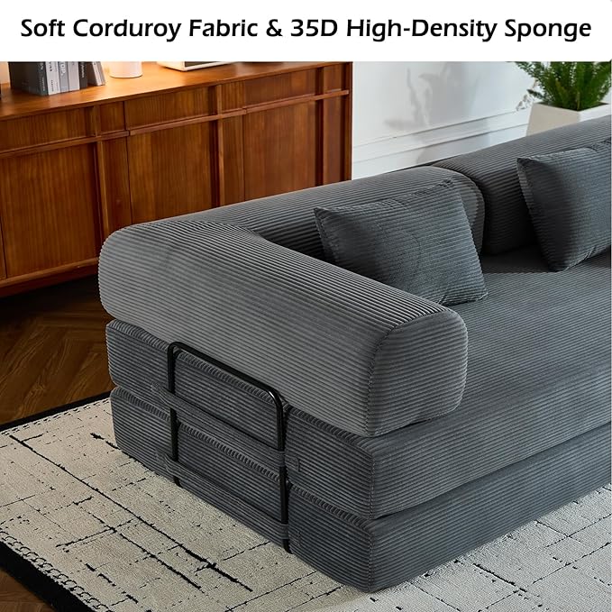 Convertible Sleeper Sofa Bed with Fixed-Shape Frame Modern Corduroy Folding Boneless Couch with 2 Pillows Comfy Floor Sofa Couch for Living Room No Assembly Required Grey