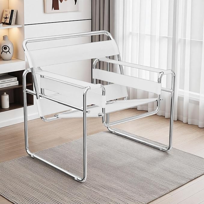 FULOL Saddle Leather Armchair Mid-Century Modern Accent Chair Studio Chair Stainless Steel Frame for Living Room Bedroom Office Studio White