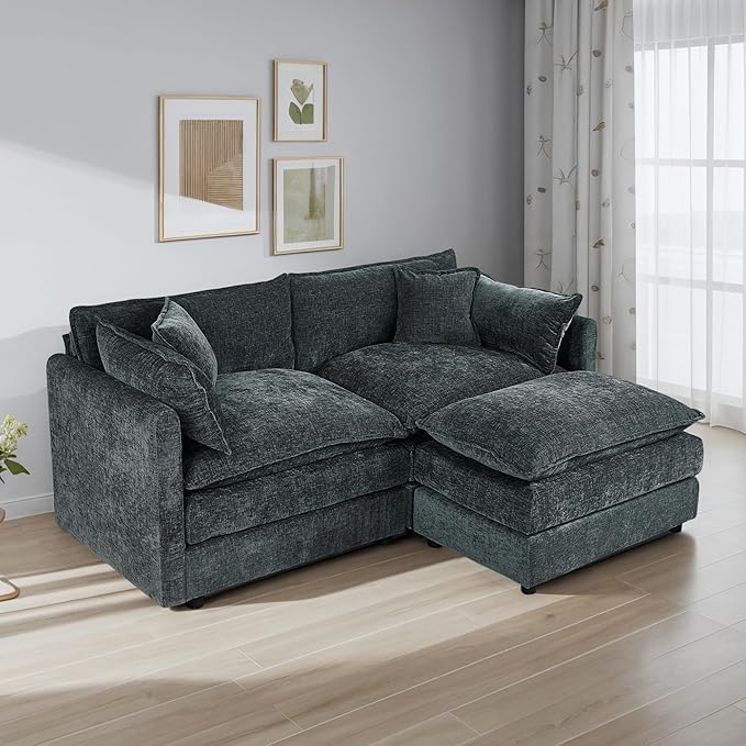 Aoowow Modular Sectional Sofa Modern Convertible Loveseat Couch77.16 Inch Deep 2-Seater Sofas Comfy Chenille Cloud Sofas and Couches Set with Movable Ottoman for Living Room Apartment（Grey）
