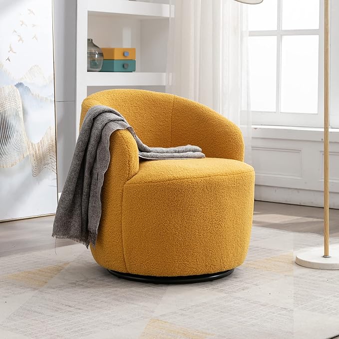 kevinplus Swivel Barrel Chair Accent Armchair for Living Room Bedroom 360 Degree Modern Round Upholstered Single Sofa Couch Chair Cozy Small Swivel Chair for Apartment Teddy Fabric Yellow