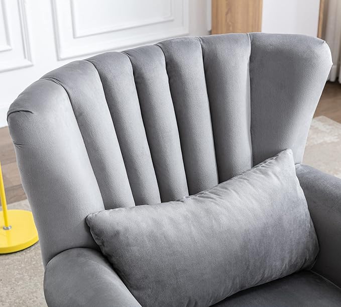 Mid Century Modern Accent Chair Upholstered Armchair Comfy Velvet Fabric Single Sofa with Lined Wingback for Small Spaces Bedroom Living Room Velvet Grey30.1D x 30.5W x 35H in