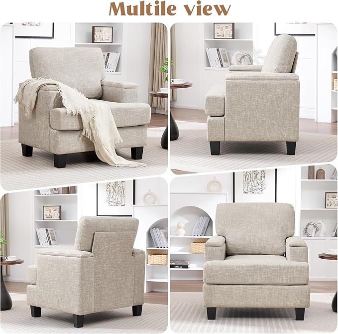 Beige Accent Chair with Armrest Storage Modern Upholstered Reading Living Room Chairs Comfy Large Armchair Fabric Single Sofa Chair for Bedroom