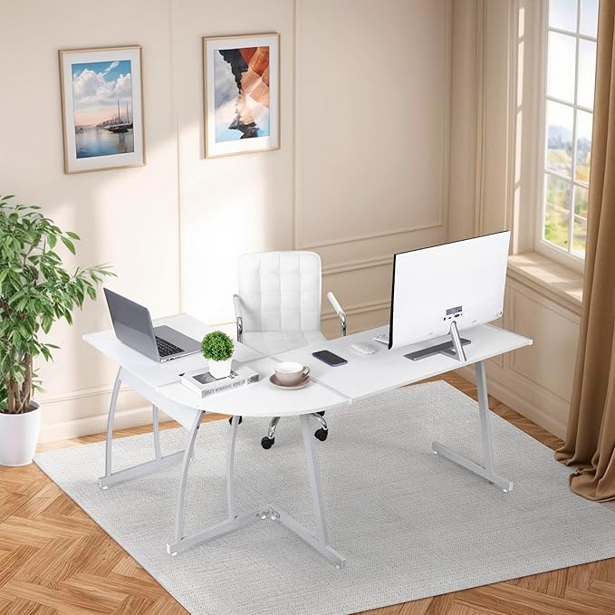 ZenStyle 55 L-Shaped Corner Computer Desk - Sturdy Steel Frame &amp Waterproof Surface White Wood Grain Design for Home Office Gaming &amp Multipurpose Workstation