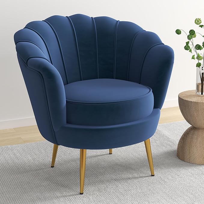 DAGONHIL Mid Century Modern Upholstered Accent ChairRetro Leisure Velvet Single Sofa with Golden Metal Legs for Living Room/Bedroom(Navy Blue)