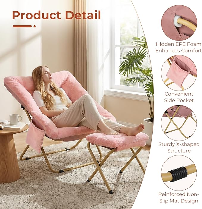 TLSUNNY Comfy Saucer Chair Foldable Lounge Lazy Chair with Ottoman Soft Faux Fur Reading Chair and Footstool for Teens Adults Metal Frame Moon Chair for Living Room Bedroom Dorms X-Large (Pink)