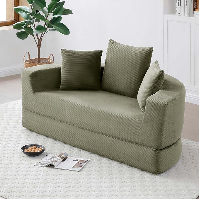 67-inch Convertible Futon Sofa Bed Round Folding Comfy Corduroy Upholstered Couch Bed with 3 Pillows Boneless Floor Lazy Loveseat Sofa for Living Room Apartment Small Spaces Pinstripe Green