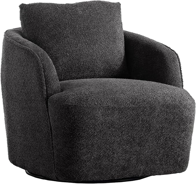 Soft Boucle Upholstered Swivel Accent Barrel Chair Wide Seated Comfy Round Single Sofa Chair 360 Swivel Club Armchair for Living Room Bedroom Nursery (Boucle Charcoal)