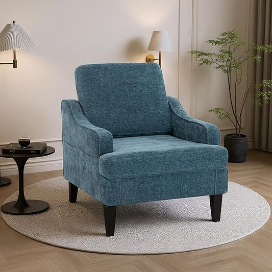 Accent Chair for Living RoomMid-Century Arm Chair Fabric Living Room ChairsUpholstered Reading Chair for BedroomSingle Sofa Chair with Wood Legs for Apartment (1 Chenille Blue)