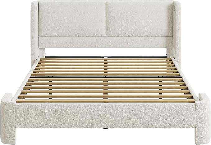 LIKIMIO Full Bed Frame with Headboard Upholstered Boucle Platform Bed with USB Ports Base Camas Full No Box Spring Needed Cream White