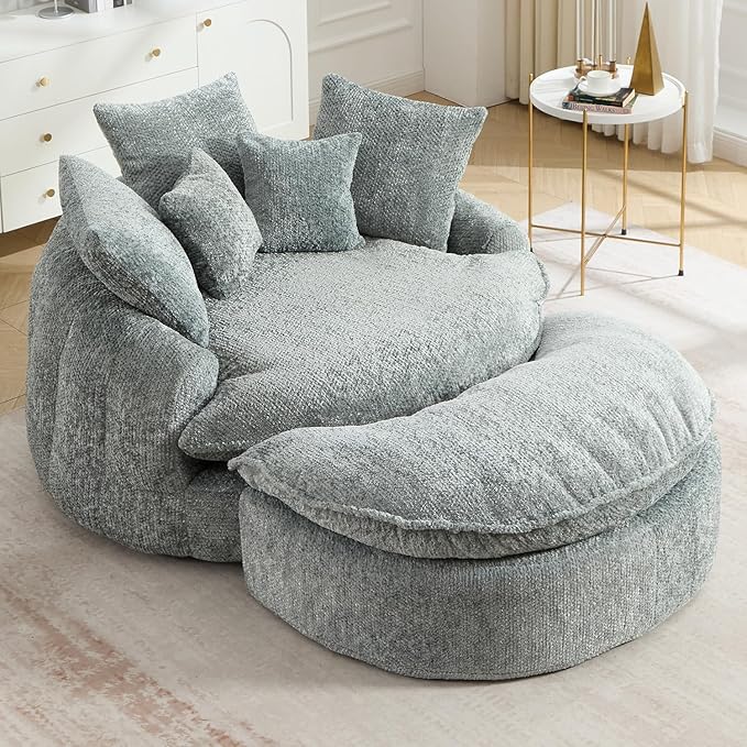 54 Round Chaise Lounge with Ottoman Big Bean Bag Round Sofa Bed Oversized Round Couch Boneless Reading Chair Comfy Plush Chenille Large Chaise Chair for Living Room Apartment Blue Gray