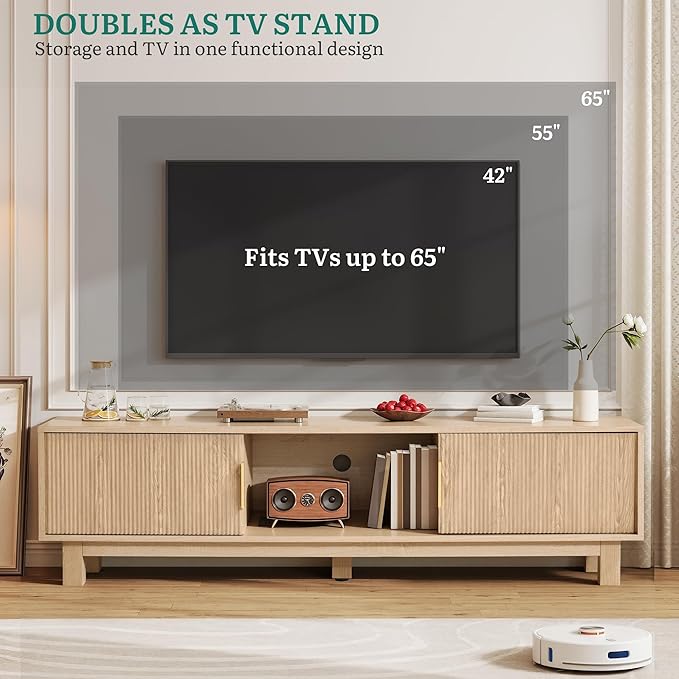 YITAHOME Fluted TV Stands for TVs up to 65 Inches Entertainment Center with Power Outlets &amp Storage Compartments 59 Long Wooden TV Console for Living Room (Natural 59)