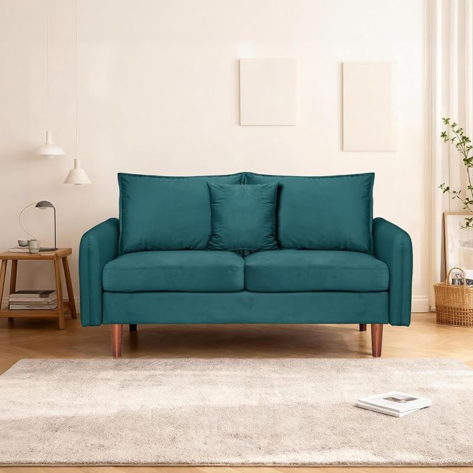 56.1 Round Arm Velvet Loveseat with Side Pockets and a Square Pillow (Dark Cyan) | Side Storage Pockets Pillow Included