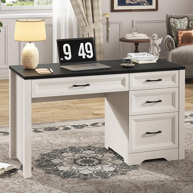 Vabches Farmhouse Executive Desk with Drawers Home Office Desk with File Drawer Wood Computer Desk with Ample Storage Rustic Office Desk with Spacious Tabletop for Work Black