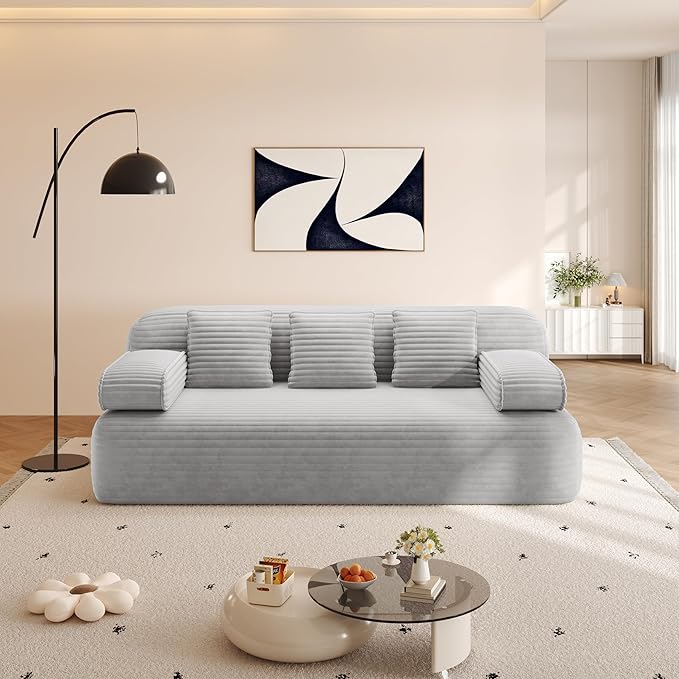 78.7 Queen Convertible Sofa Bed 2-in-1 Corduroy Folding Floor Couch with 3 Pillows Sleeper Sofa for Living Room and Bedroom No Assembly Required (Light Grey)