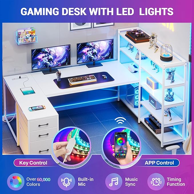 SEDETA L Shaped Office Desk with Drawers 64.5 Reversible Computer Desk with Storage Shelves and Power Outlet Corner Gaming Desk with LED Strip for Home Office White