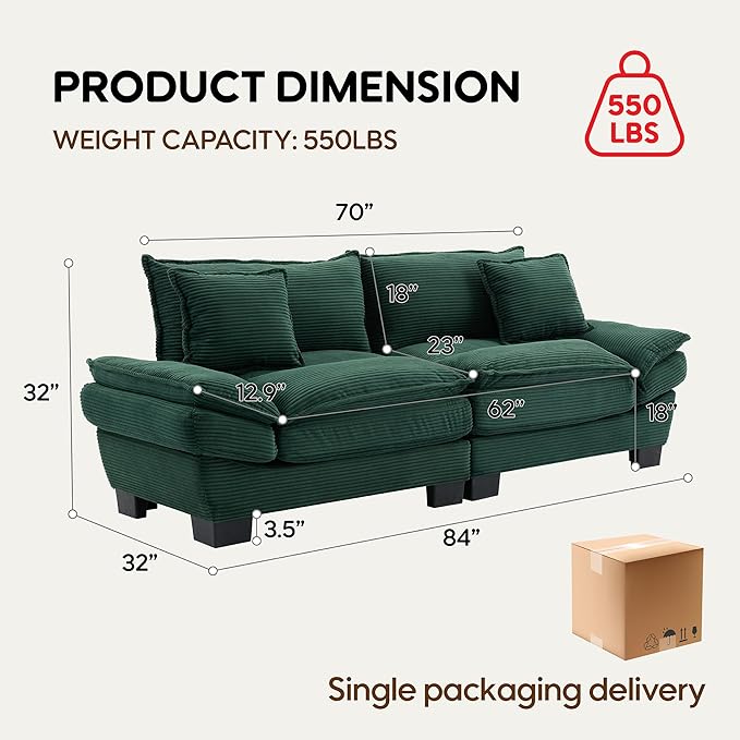 Modern 84 Corduroy Loveseat Sofa Ultra-Comfy Couch with 2 Pillows for Apartment Living Room Bedroom Home Office (Green)