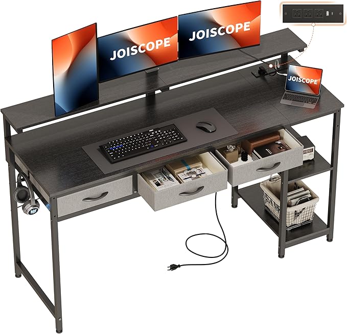 JOISCOPE Home Office Desk with Power Outlets (3AC USB Type-C) 60 × 20 Inch Computer Desk with 3 Drawers &amp Shelves Laptop Table with Display Riser Gaming Study Drafting Table for Bedroom Blac