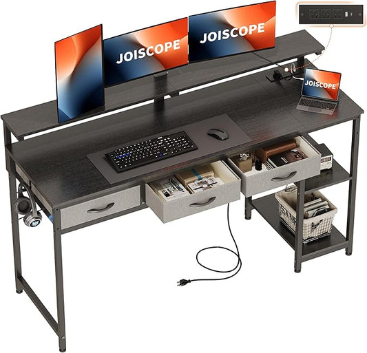 JOISCOPE Home Office Desk with Power Outlets (3AC USB Type-C) 60 × 20 Inch Computer Desk with 3 Drawers &amp Shelves Laptop Table with Display Riser Gaming Study Drafting Table for Bedroom Blac
