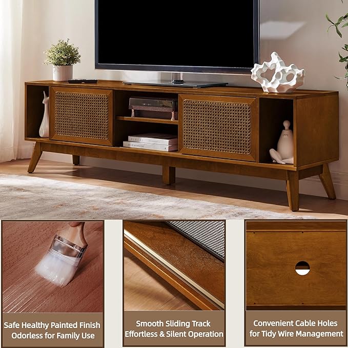 LKTART 68 Inch Mid Century Modern TV Stand with Rattan DoorsMCM Entertainment Center Media Console for 60/65/70/75 inch TVsLong Boho Television Stand for Living RoomLight Walnut