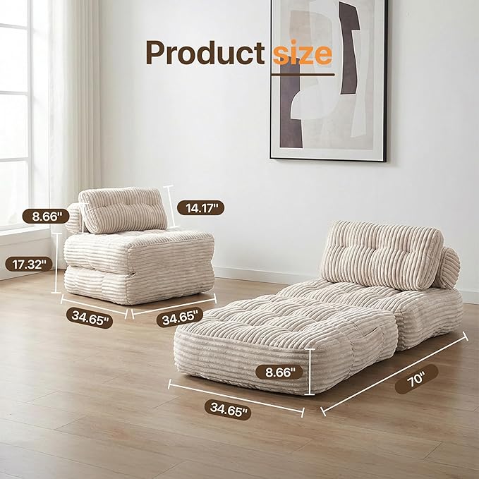 Boneless Chair Folding Sofa Bed with Pillow Sleeper Sofa with Back Support Sleeper Chair Portable Fold Out Chair Bed Comfy Foldable Mattress for Living Room Beige Single