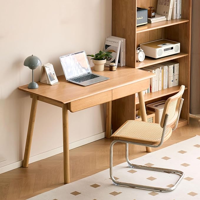 Solid Wood Desk Mid Century Modern Home Office Desk Computer Desk with Drawer for Writing Study Vanity 47.24 W
