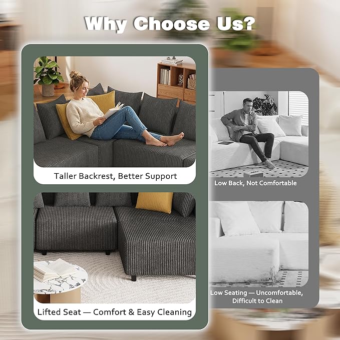 Modern Oversized Modular Sectional Sofa Boneless Cloud Loveseat with Legs Corduroy Big Comfy Deep Seat Sofa for Living Room &amp Apartment（Dark Grey106″Loveseat）