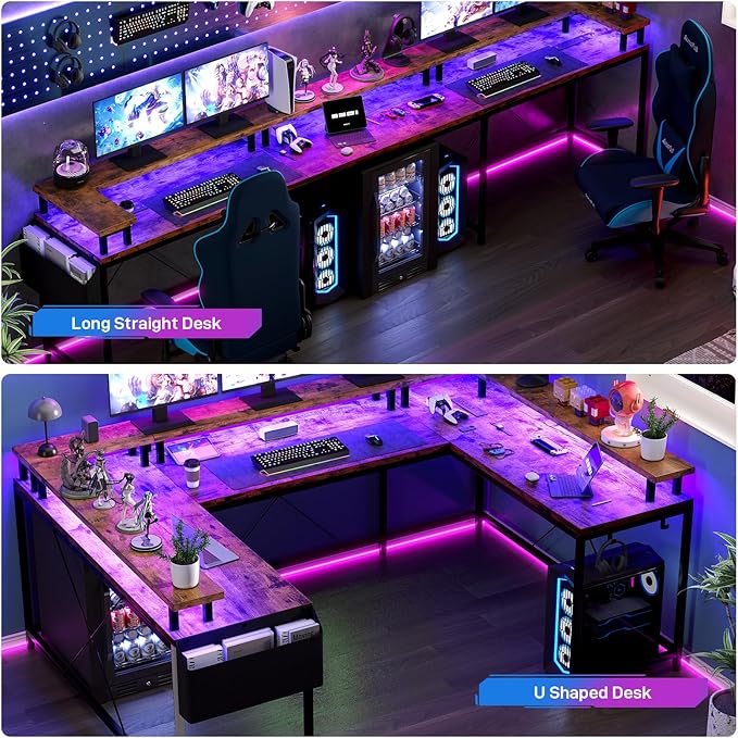 TrailBlaze U Shaped Computer Gaming Desk Reversible L Shaped Desk with Power Outlets Large Corner Desk with Storage Shelves LED Strip &amp Monitor Stand Office Desk with Storage Bag and Hooks Rusti