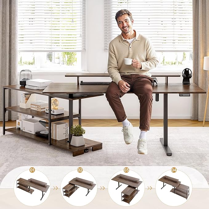 ONBRILL L Shaped Standing Desk with File Cabinet 55x24'' Electric Stand Up Desk with Monitor and Storage Shelf Adjustable Height 28-46'' for Home and Computer Workstation Walnut
