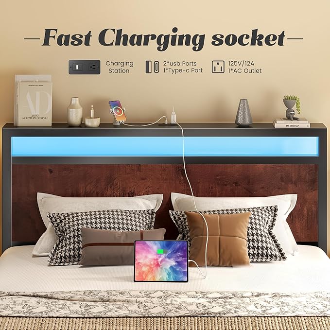 Queen Bed Frame with Headboard &amp Footboard Bed Frame with Built-in Charging Station &amp LED Light Storage Shelf Noise-Free No Box Spring Needed Easy Assembly Coffee Brown