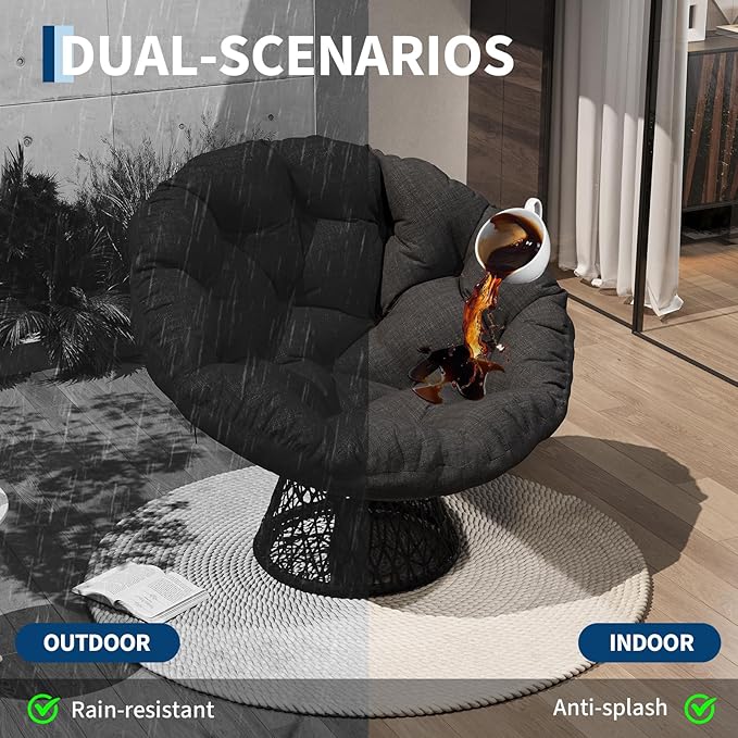 Garvee Papasan Chair 37 Ergonomic Wicker Papasan Chair with Extra-Thick Soft Fabric Cushion Heavy-Duty Steel Frame 360° Swivel Base for Living Room Bedroom &amp Reading Nook – All Black