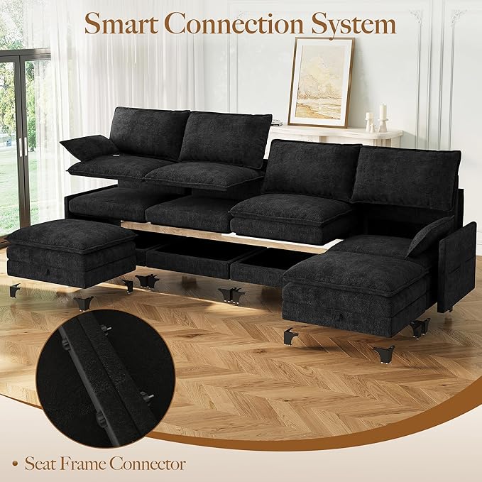 140 U-Shaped Modern Modular Sectional Sofa Chenille Cloud Couch with Storage Ottoman Deep Seat Couches with Side Pocket for Living Room Bedroom and Apartment Dark Grey