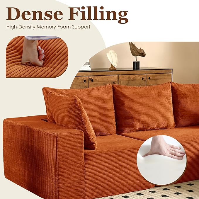INGEROOM 108 Cloud Sectional Couch with Deep Seat Modular Sofa Memory Foam Boneless Sofa with Movable Ottoman Upholstered Couches for Living Room Bedroom No Assembly Required Orange