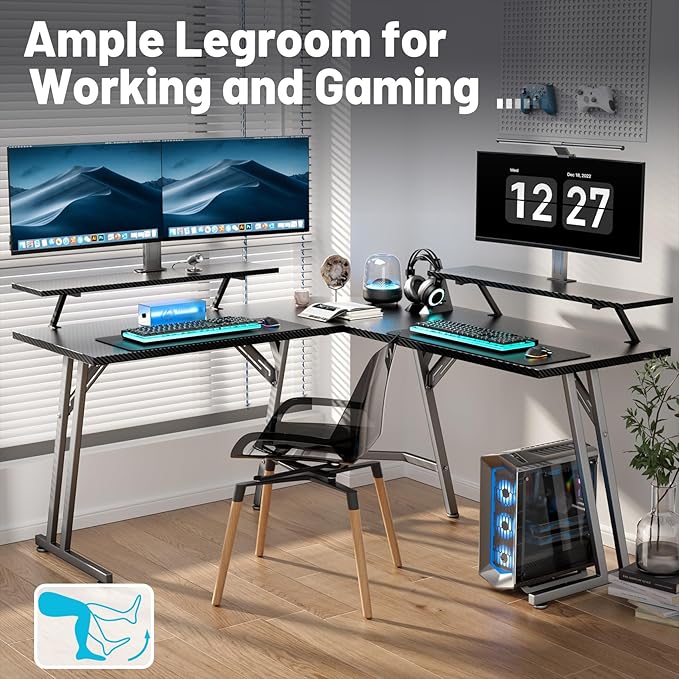 HLDIRECT 51 Inch L Shaped Gaming Desk with Monitor Stand and LED Lights Corner Computer Desk with Carbon Fiber Surface PC Gaming Table for Home Office Writing Workstation Easy to Install Black
