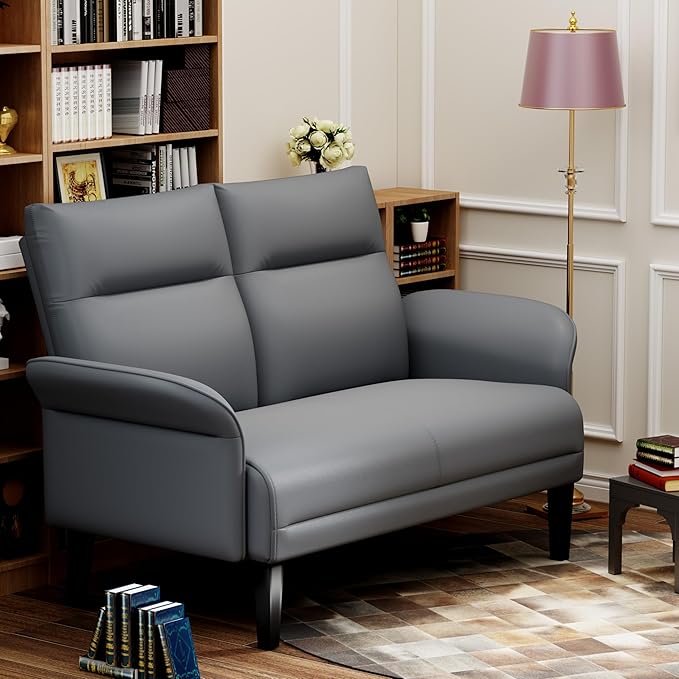 Love Seat Mini Couch Small Settee Loveseat Bench for Living Room Bedroom Office Faux Leather Loveseat Small Sofa Couches with Padded Cushion Grey