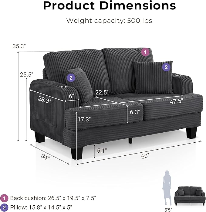 Homes: Inside + Out Reese Modern Plush Chenille Comfortable Loveseat with Side Pockets Cup Holders and Pillows Wooden Soft Couch for Living Room Bedroom and Office Dark Grey