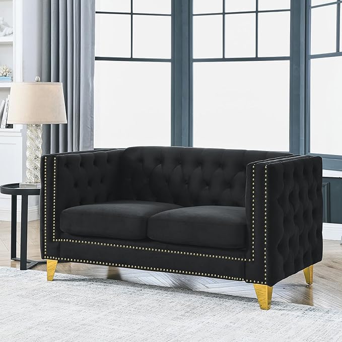 Antetek Comfy Upholstered Couches for Living Room 58-inch Modern Button Tufted Loveseat Sofa w/Square Arm 4 Golden Metal Legs and Gold Nail Heads for Living Room Office Apartment Black