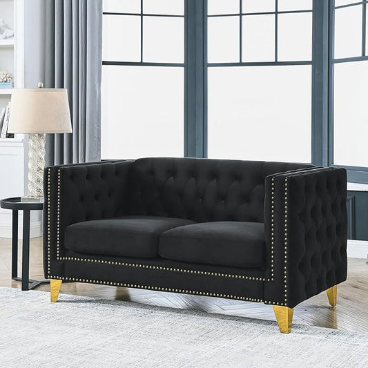 Antetek Comfy Upholstered Couches for Living Room 58-inch Modern Button Tufted Loveseat Sofa w/Square Arm 4 Golden Metal Legs and Gold Nail Heads for Living Room Office Apartment Black
