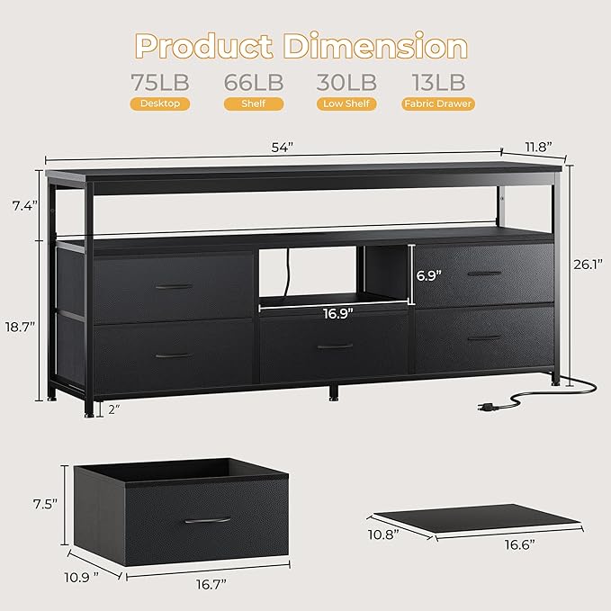 TV Stand for 60 Inch TV Entertainment Center with LED Lights &amp Power Outlets 5 Drawers Dresser for Bedroom with Open Storage Shelves Console Table for Living Room Bedroom Hallway